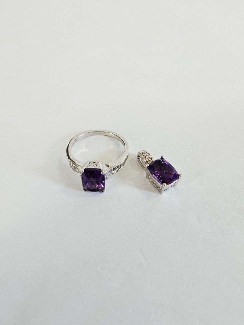Vintage D'Joy Sterling Silver African Amethyst White Zircon 5ct Ring Pendant Set